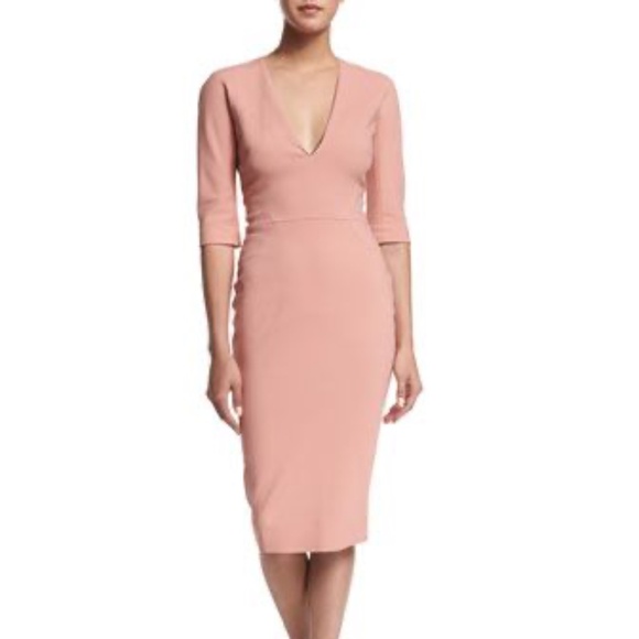 Victoria Beckham Nude Pink Back Zip Sheath Dress V-neck 3/4 Sleeve US 8 - Picture 3 of 10